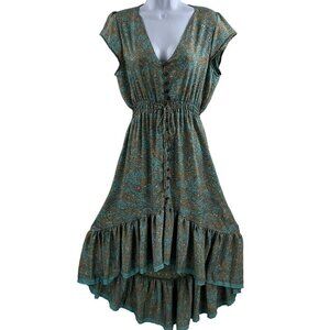 Luck Star Ibiza 100% Silk High Low Button Up Midi Dress Ruffled Hem Unique Print